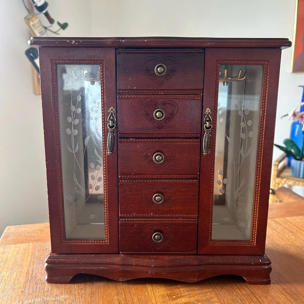 Elegant Wooden Jewelry Organizer with Glass Doors and Heart Accents